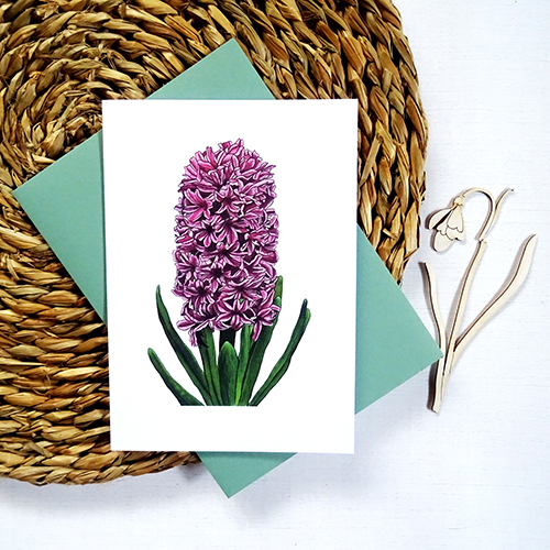 Uniwersalna Kartka Okolicznościowa z Wiosennym Hiacyntem na różne okazje, zielona koperta w komplecie.