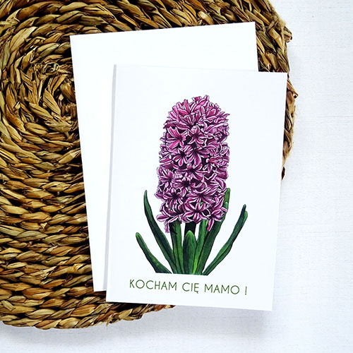 Uniwersalna Kartka Okolicznościowa z Wiosennym Hiacyntem na różne okazje, biała koperta w komplecie.