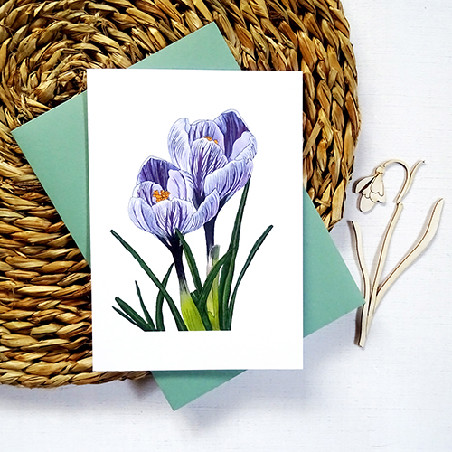 Uniwersalna Kartka Okolicznościowa z Wiosennymi Krokusami na różne okazje, zielona koperta w komplecie.