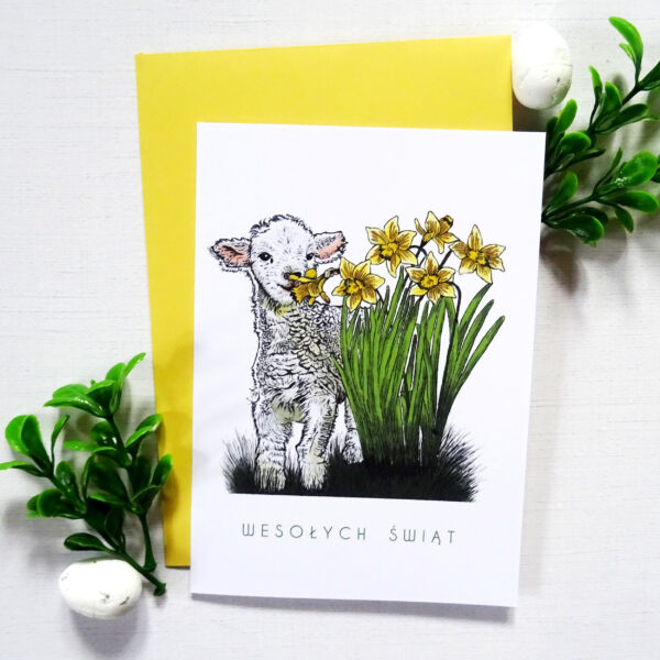 Kartka Wielkanocna z Barankiem, Wesołych Świąt, Wiosenna Kartka z Żonkilami
