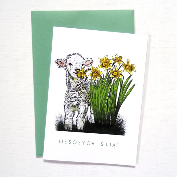 Kartka Wielkanocna z Barankiem, Wesołych Świąt, Wiosenna Kartka z Żonkilami