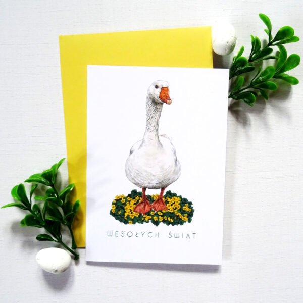 Kartka Wielkanocna z Gąską, Wesołych Świąt, Wiosenna Kartka z żółtymi kwiatami