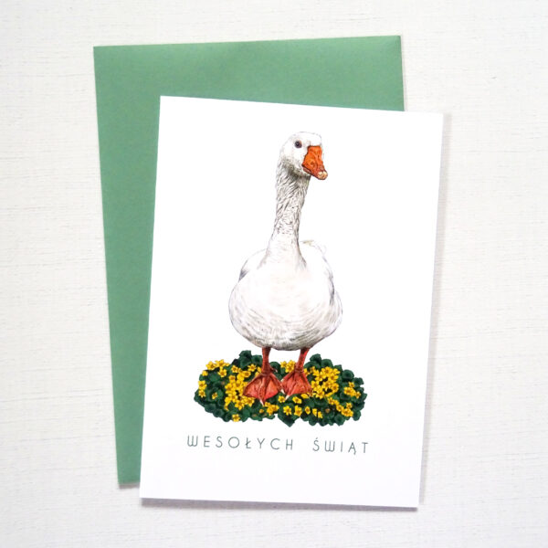 Kartka Wielkanocna z Gąską, Wesołych Świąt, Wiosenna Kartka z żółtymi kwiatami