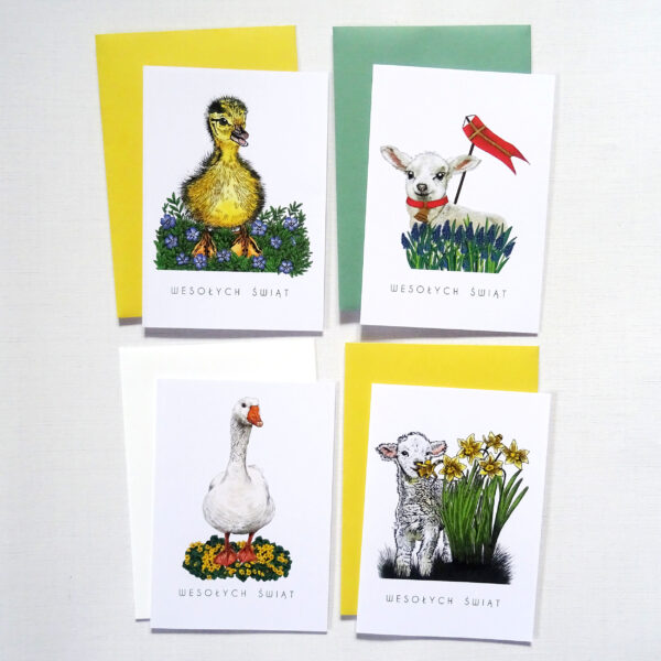 Zestaw 4 Kartek Wielkanocnych z Barankami, Kurczątkiem i Gęsią, ‍Wyjątkowy Prezent Wielkanocny