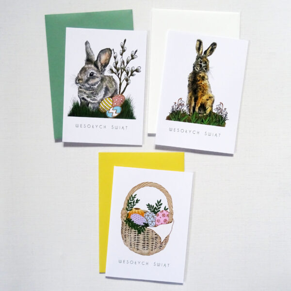 Zestaw 4 Kartek Wielkanocnych z Króliczkiem, Zającem i Koszykiem wielkanocnym, ‍Wyjątkowy Prezent
