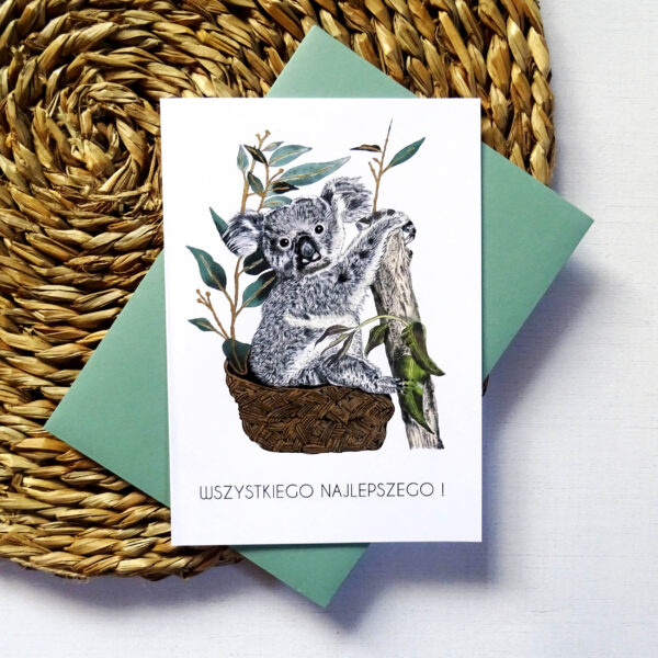 Kartka Urodzinowa z Koalą, Wszystkiego Najlepszego, zielona koperta w komplecie
