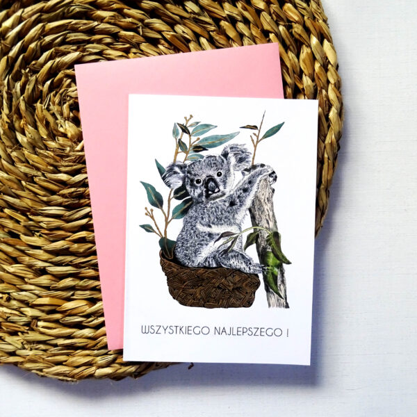 Kartka Urodzinowa z Koalą, Wszystkiego Najlepszego, różowa koperta w komplecie
