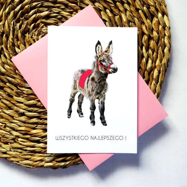 Kartka Urodzinowa z Osiołkiem, Wszystkiego Najlepszego, Złote Detale, Różowa Koperta