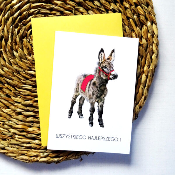 Kartka Urodzinowa z Osiołkiem, Wszystkiego Najlepszego, Złote Detale, Żółta Koperta