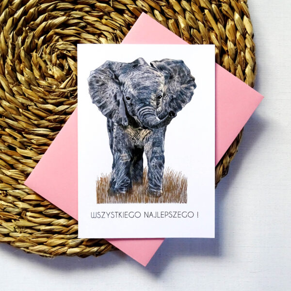 Kartka Urodzinowa z Słonikiem, Wszystkiego Najlepszego, różowa koperta w komplecie