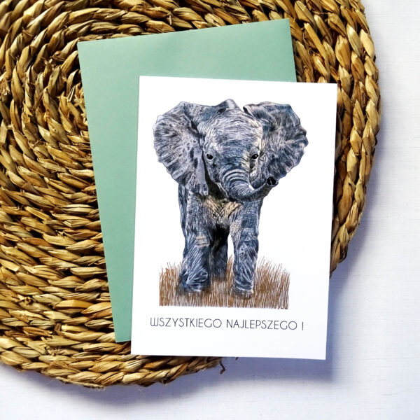 Kartka Urodzinowa z Słonikiem, Wszystkiego Najlepszego, zielona koperta w komplecie