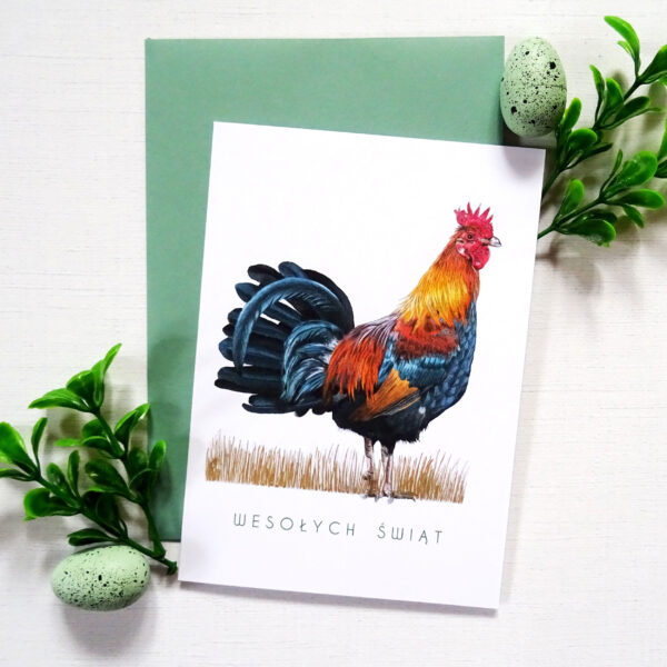 Kartka Wielkanocna z Kogutem, Wesołych Świąt, Złote Błyszczące Detale