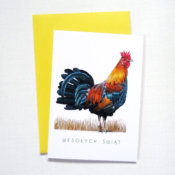 Kartka Wielkanocna z Kogutem, Wesołych Świąt, Złote Błyszczące Detale