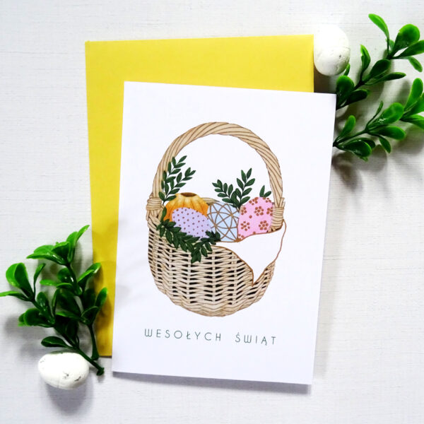 Kartka Wielkanocna z tradycyjnym Koszykiem, Wesołych Świąt, Złote Błyszczące Detale
