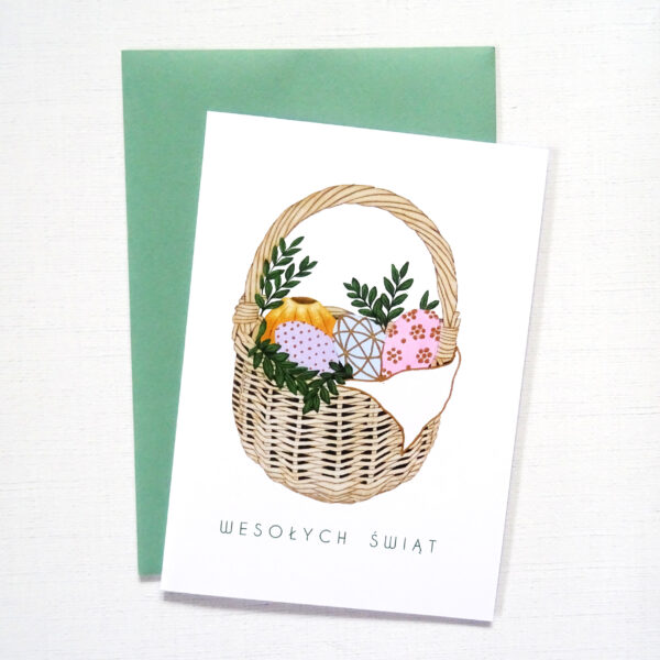 Kartka Wielkanocna z tradycyjnym Koszykiem, Wesołych Świąt, Złote Błyszczące Detale
