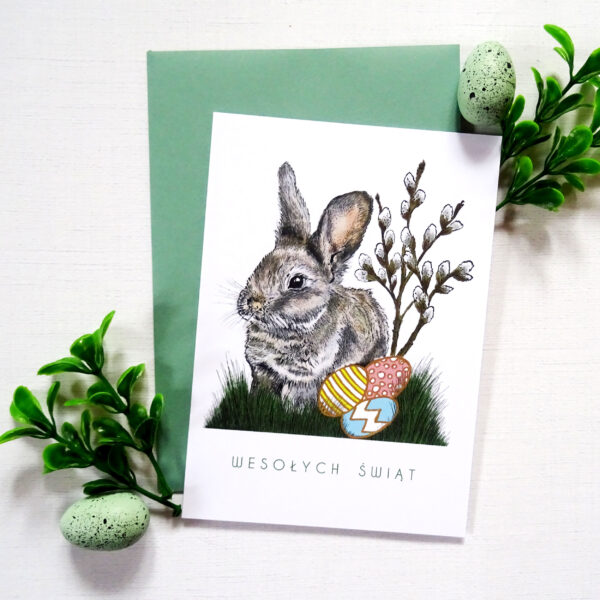 Kartka Wielkanocna z Króliczkiem, Wesołych Świąt, Wiosenna Kartka