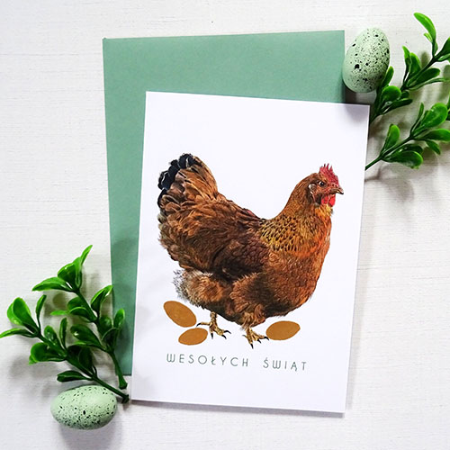 Ilustrowana Kartka Wielkanocna z Kurą i ręcznie zdobionymi złotymi pisankami z napisem Wesołych Świąt.