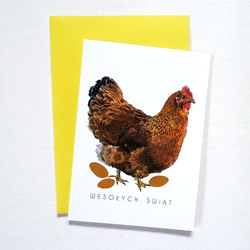 Ilustrowana Kartka Wielkanocna z Kurą i ręcznie zdobionymi złotymi pisankami z napisem Wesołych Świąt.