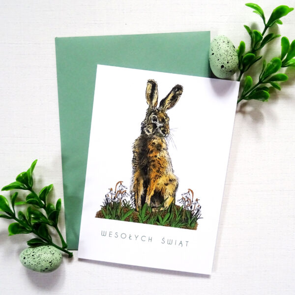 Kartka Wielkanocna z Zającem, Wesołych Świąt, Wiosenna Kartka