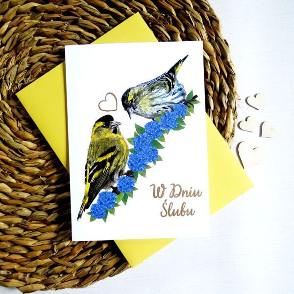 Kartka Ślubna z Ptakami, Czyże Zakochana Para, Motyw Kwiatowy