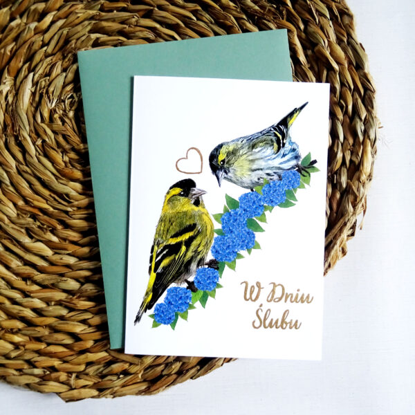 Kartka Ślubna z Ptakami, Czyże Zakochana Para, Motyw Kwiatowy