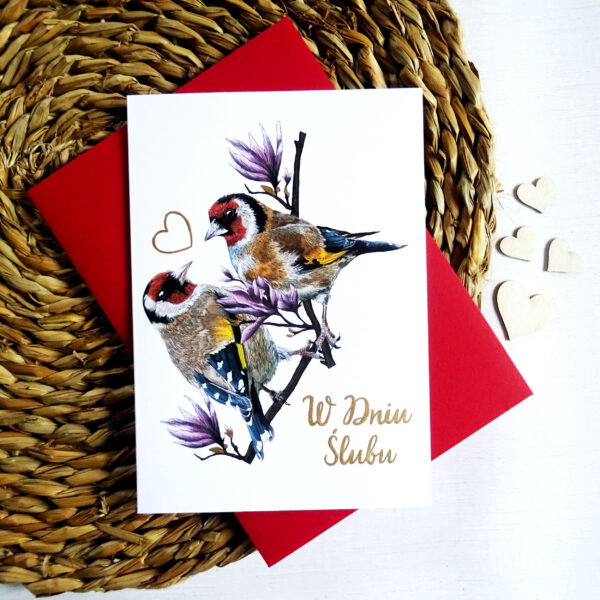 Kartka Ślubna z Ptakami, Szczygły Zakochana Para, Motyw Kwiatów Magnolii