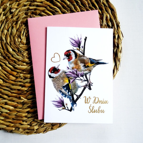 Kartka Ślubna z Ptakami, Szczygły Zakochana Para, Motyw Kwiatów Magnolii