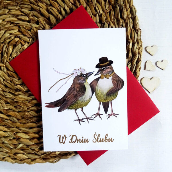 Kartka Ślubna z Słowikami, Zakochana Para Ptaków, W Dniu Ślubu