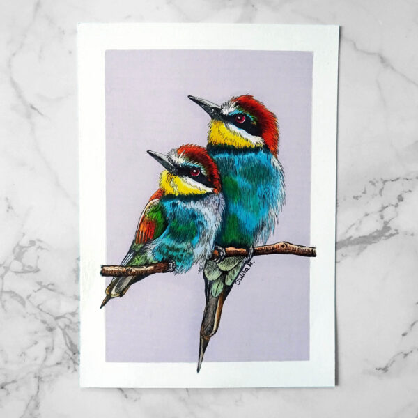 Oryginalna Ilustracja pary dwóch Żołn na liliowym tle bez ramki.