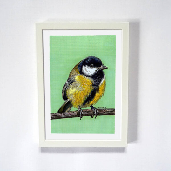 Oryginalna Ilustracja Sikory Bogatki na pastelowym zielonym tle.