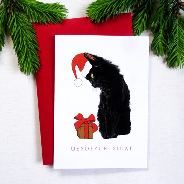 Kartka Świąteczna z Czarnym Kotem w Mikołajkowej Czapce, Wesołych Świąt, Złote Detale