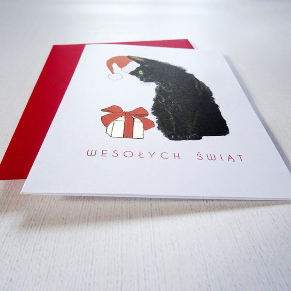 Kartka Świąteczna z Czarnym Kotem w Mikołajkowej Czapce, Wesołych Świąt, Złote Detale