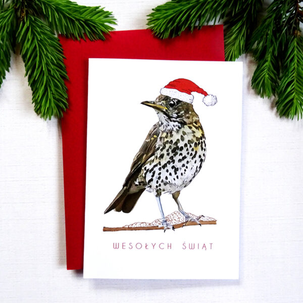 Kartka Świąteczna z Drozdem w mikołajkowej czapce i złotymi detalami na ośnieżonej gałązce, Wesołych Świąt