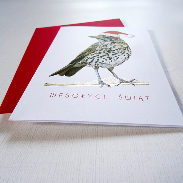 Kartka Świąteczna z Drozdem w mikołajkowej czapce i złotymi detalami na ośnieżonej gałązce, Wesołych Świąt