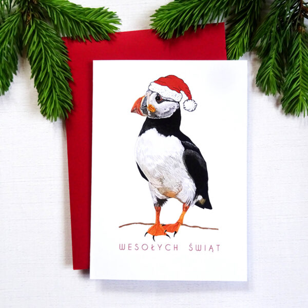 Luksusowa Kartka Świąteczna z Maskonurem, Ręcznie Ilustrowana, Złote Akcenty, Boże Narodzenie