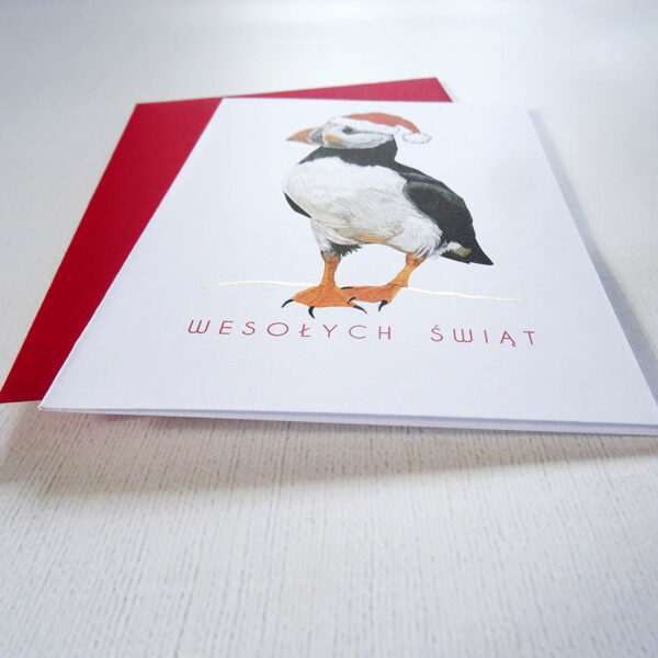Luksusowa Kartka Świąteczna z Maskonurem, Ręcznie Ilustrowana, Złote Akcenty, Boże Narodzenie