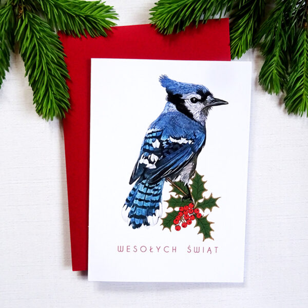 Elegancka Kartka na Święta z Modrosójką, Ręczne Złote Akcenty, Personalizacja Życzeń, Wesołych Świąt
