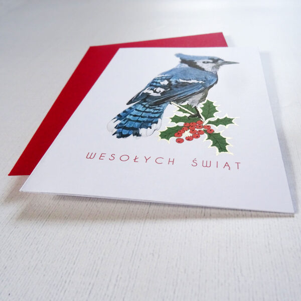 Elegancka Kartka na Święta z Modrosójką, Ręczne Złote Akcenty, Personalizacja Życzeń, Wesołych Świąt