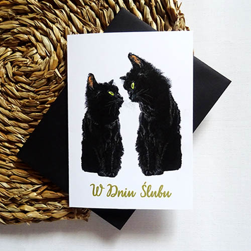 Kartka Ślubna z Czarnymi Kotami i ręcznie złoconym napisem W Dniu Ślubu