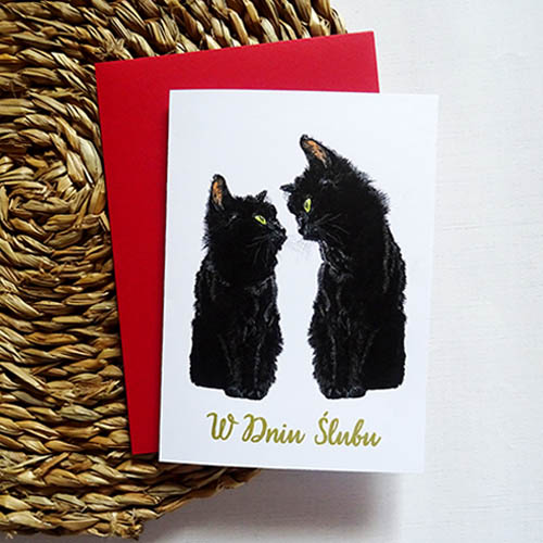 Kartka Ślubna z Czarnymi Kotami oraz ręcznie złoconym napisem W Dniu Ślubu