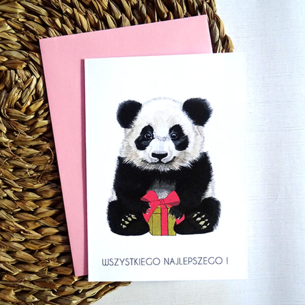 Kartka Urodzinowa z uroczą Pandą trzymającą złoty prezent z różową wstążką.