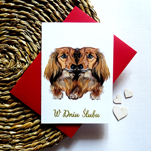 Kartka Ślubna z zakochanymi Jamnikami wraz ze złotym napisem W Dniu Ślubu