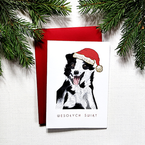 Kartka Świąteczna z pieskiem rasy Border Collie w mikołajkowej czapeczce i delikatnymi złotymi detalami.